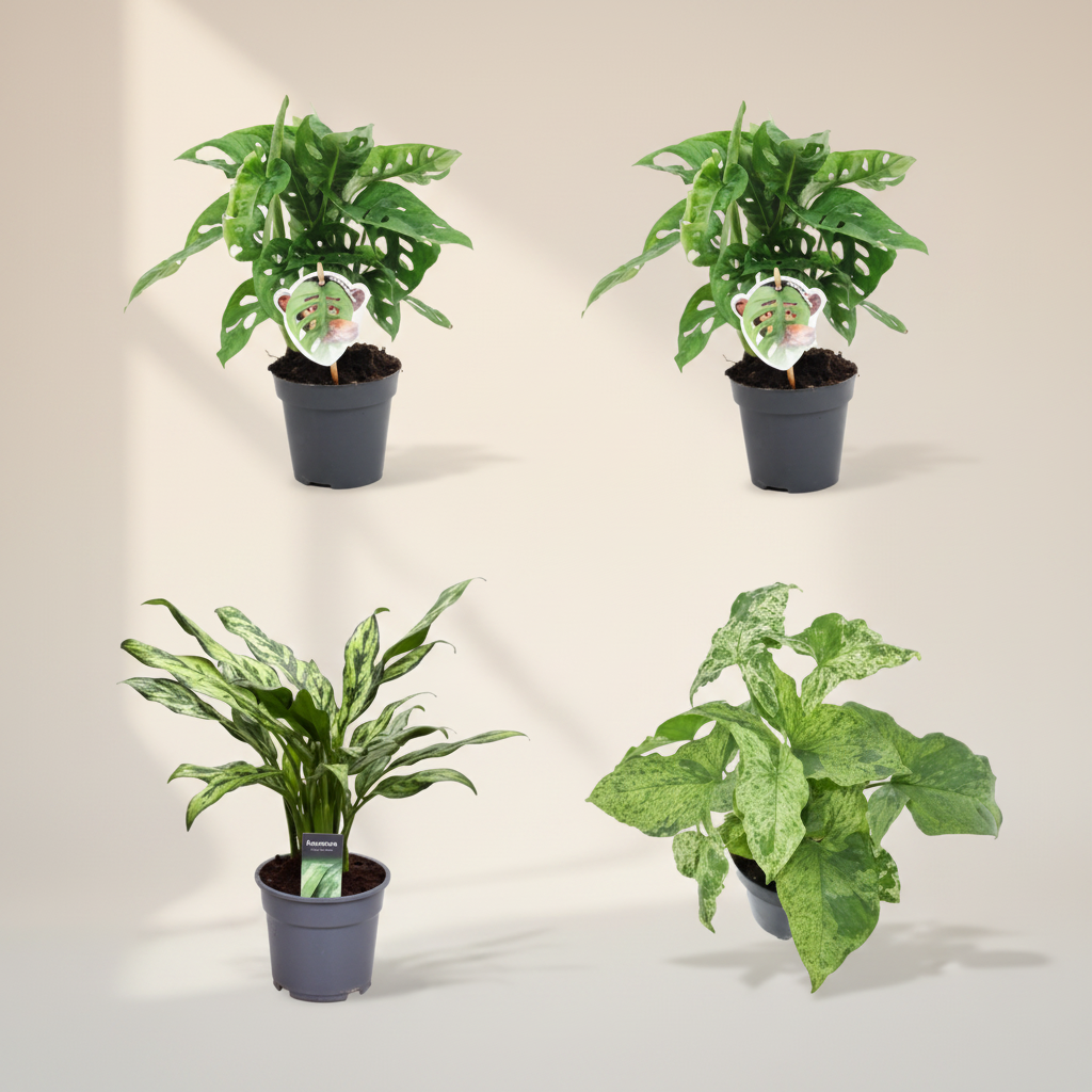 Groen mix 4 planten - Monstera obliqua 'Monkey Leaf' - 25 cm - ø12 - Aglaonema Juliette - 40 cm - ø12 - Syngonium Mottled - 25 cm - ø12 - Aglaonema Cutlass - 40 cm - ø12